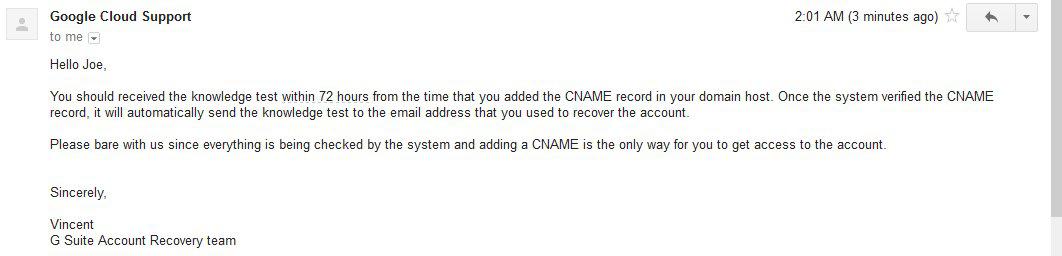 Google CNAME response